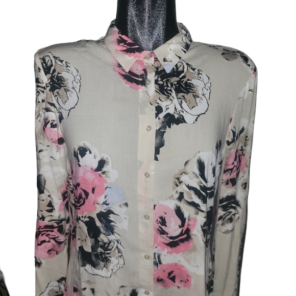 Le Chateau Cream Floral Print Long Sleeve Button Up Shirt M - Picture 2 of 6
